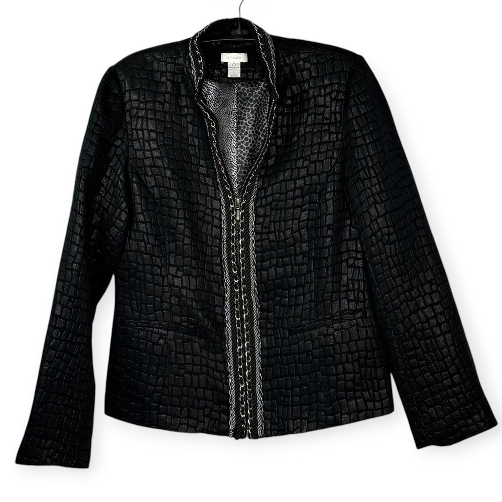 Black Croc Embossed Silver Chain Zip Jacket Chicos Sz 0 ~Sm Chic Edgy Rocker EUC